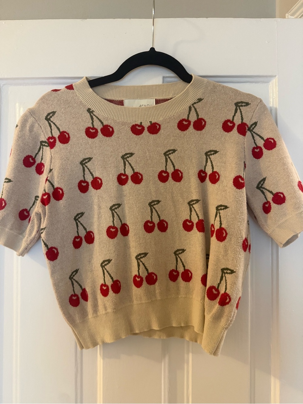 Pinch Cherry Print Short Sleeve Sweater Cream and Red M